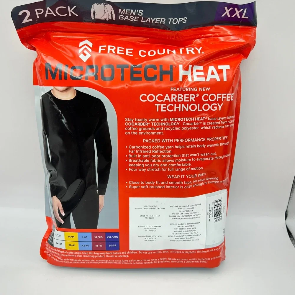 Free Country Mens Microtech Heat 2 Pack Base Layer Tops Black XXL H40MB4536-2S
